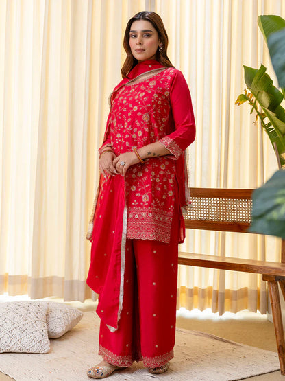 Rani Pink Silk Blend Embroidered with Sequins Straight Kurta Palazzo Dupatta Set