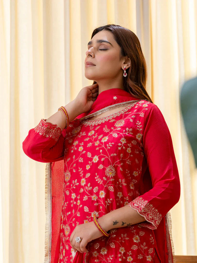 Rani Pink Silk Blend Embroidered with Sequins Straight Kurta Palazzo Dupatta Set