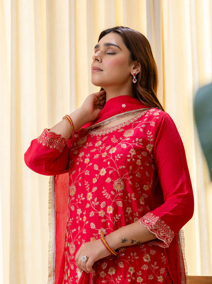 Rani Pink Silk Blend Embroidered with Sequins Straight Kurta Palazzo Dupatta Set