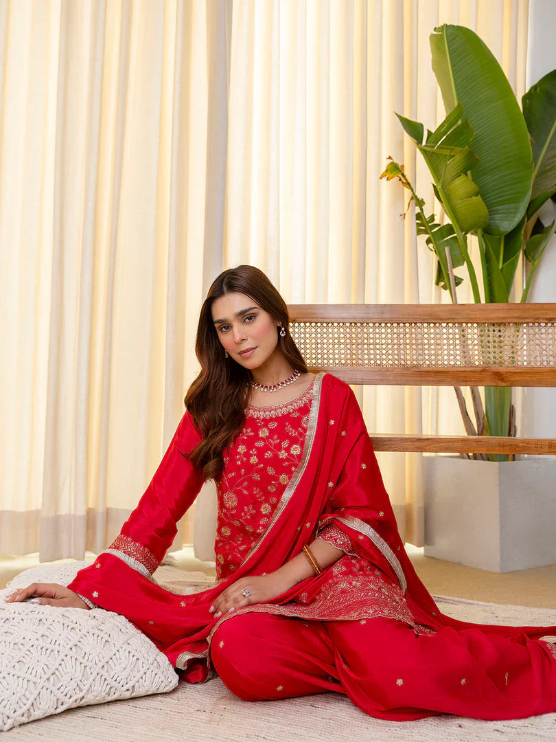 Rani Pink Silk Blend Embroidered with Sequins Straight Kurta Palazzo Dupatta Set