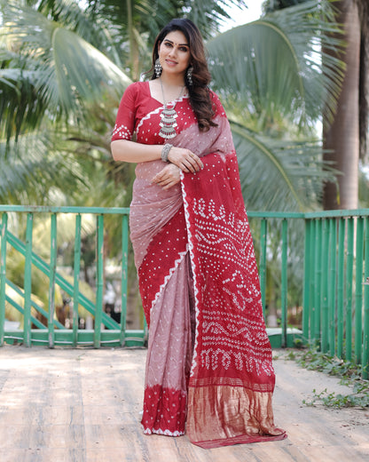 New Premium And High Quality Comfortable Bandhej Silk Drapes That is Super Stylish And Pretty Brown And Red Saree