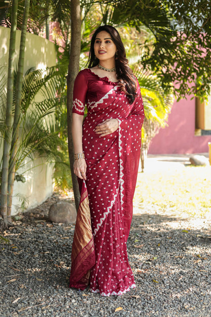 Original Bandhej Maroon Color Beautiful Design Saree