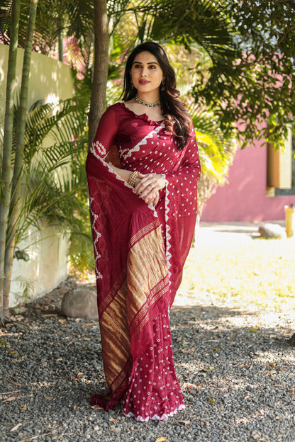 Original Bandhej Maroon Color Beautiful Design Saree