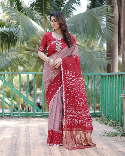 New Premium And High Quality Comfortable Bandhej Silk Drapes That is Super Stylish And Pretty Brown And Red Saree