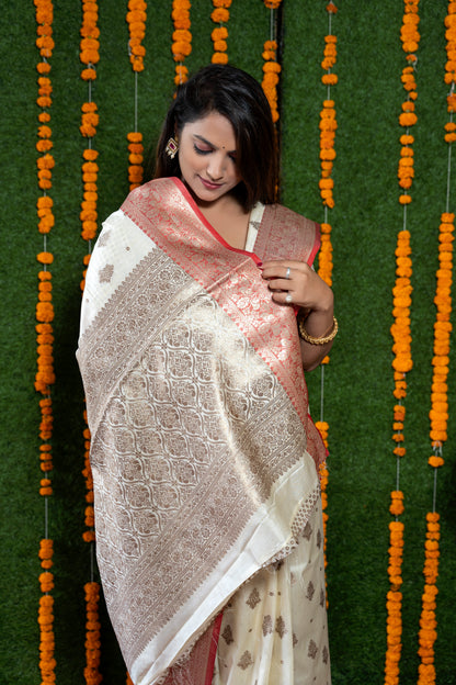 Self Design Paithani Pure Silk White Saree