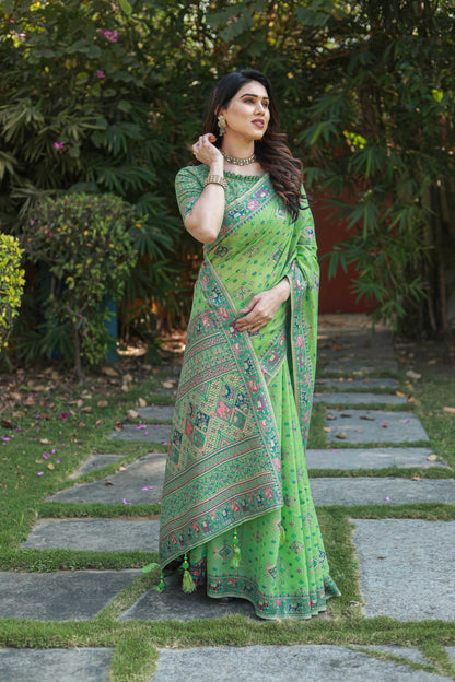 Green Cotton Broad Border Casual Wear Saree