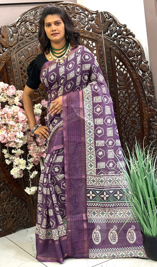 Linen silk sarees with all over Digital Printed design and sequence border