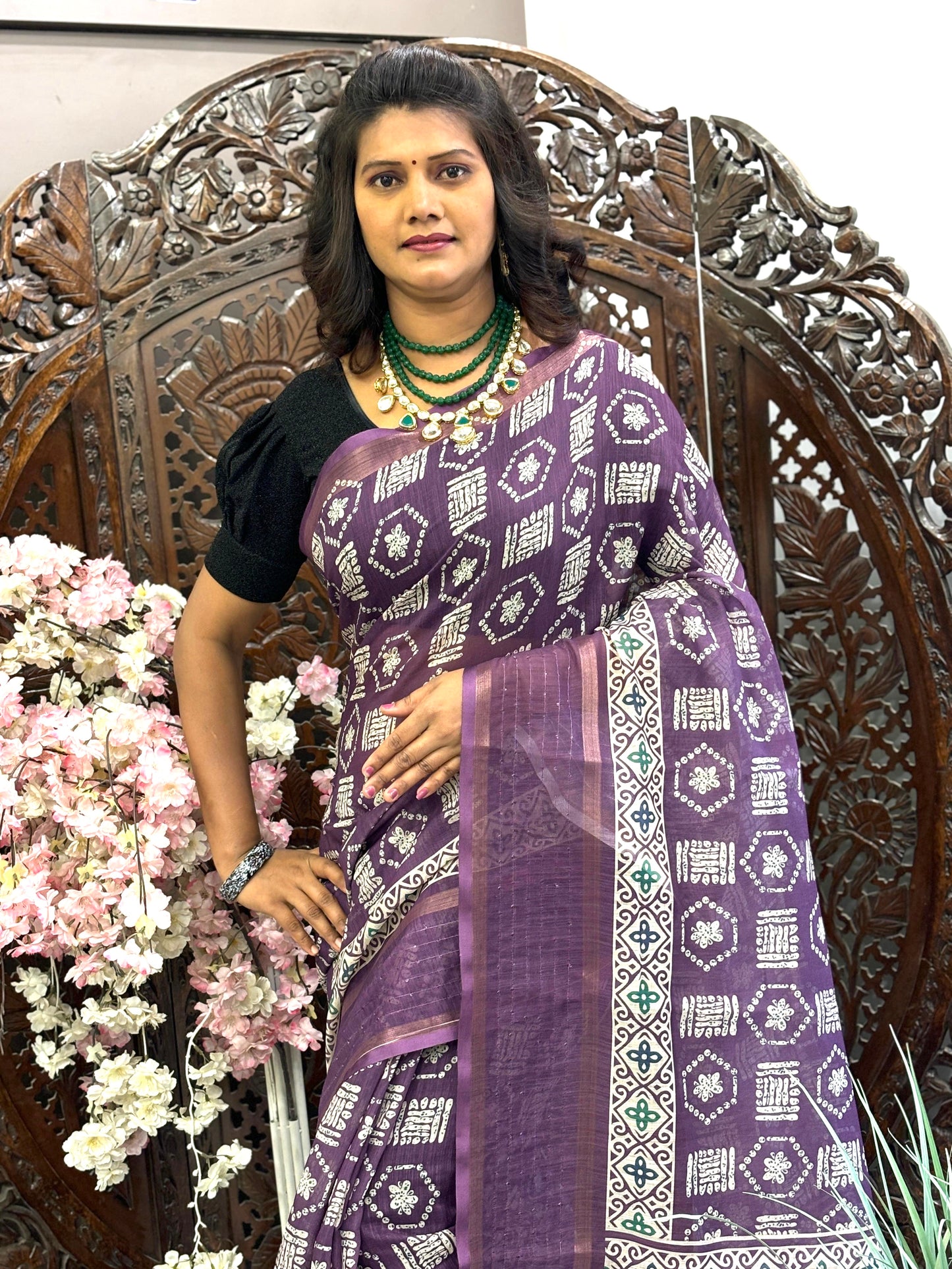 Linen silk sarees with all over Digital Printed design and sequence border