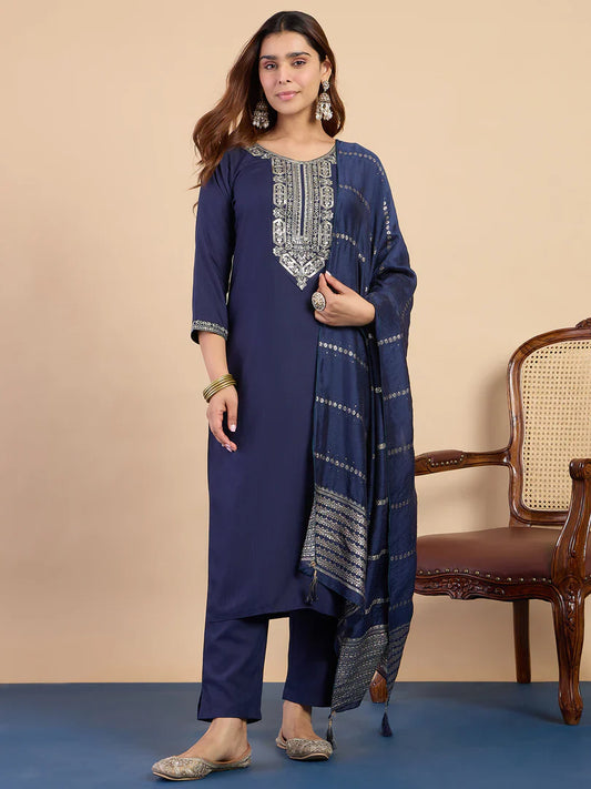 Nyra Navy Blue Women’s Traditional Kurta Pant Set with Dupatta
