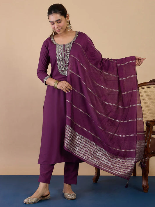 Riva Purple Elegant Embroidered Kurta Pant Set for Women