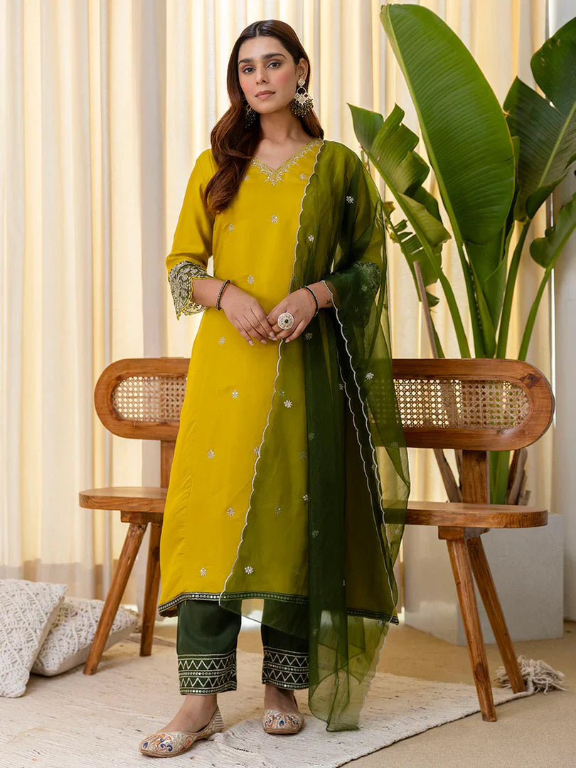Meher Lemon Embroidred Kurta Sets with Sequins Work Women Suits