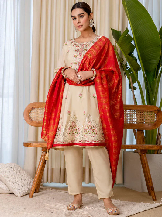 Nazneen Beige Elegant Silk Kurta Pant Set