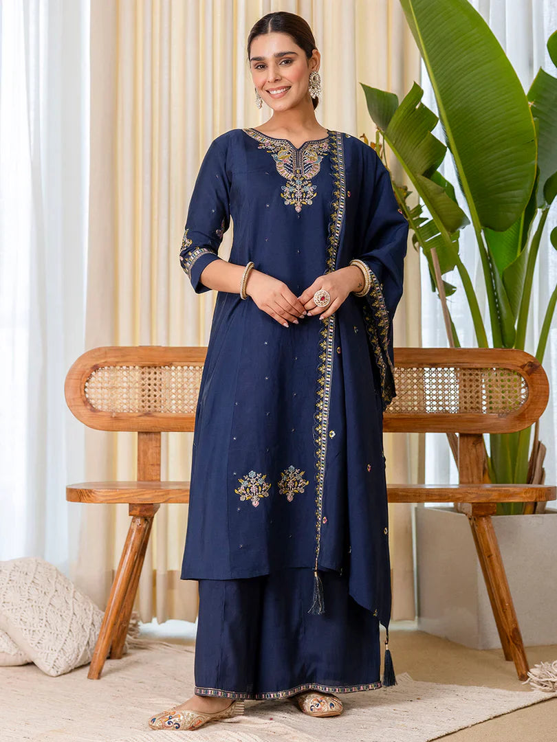 Zarika Teal-blue Exclusive Embroidered Kurta Plazo Set for Women