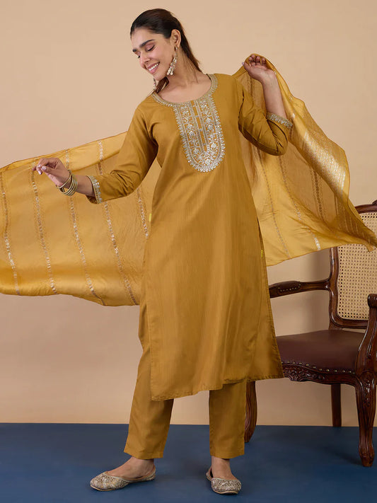 Riva Mustard Elegant Embroidered Kurta Pant Set for Women