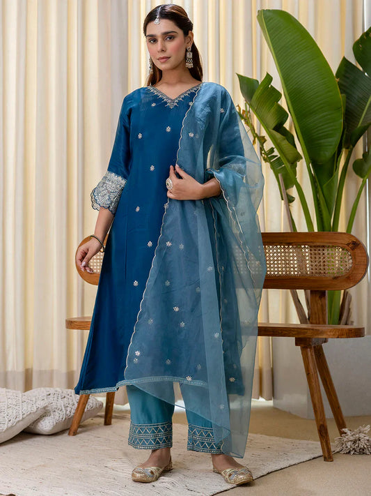 Meher Teal-blue Embroidred Kurta Sets with Sequins Work Women Suits
