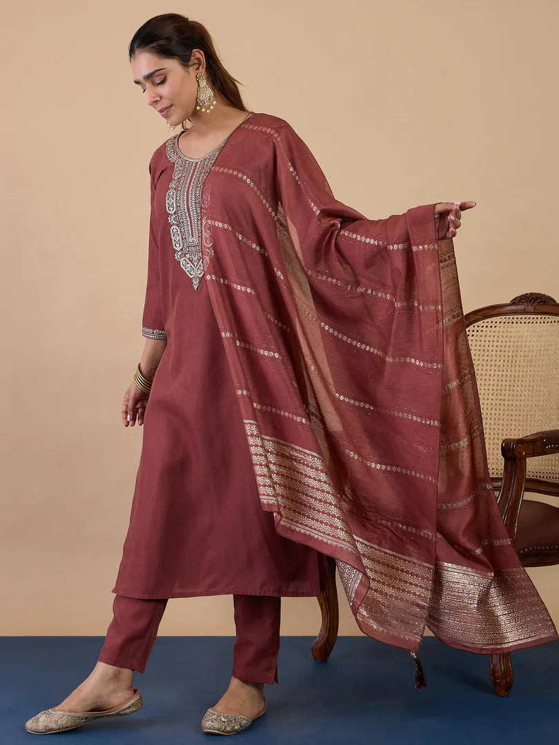 Nyra Brown Women’s Traditional Kurta Pant Set with Dupatta