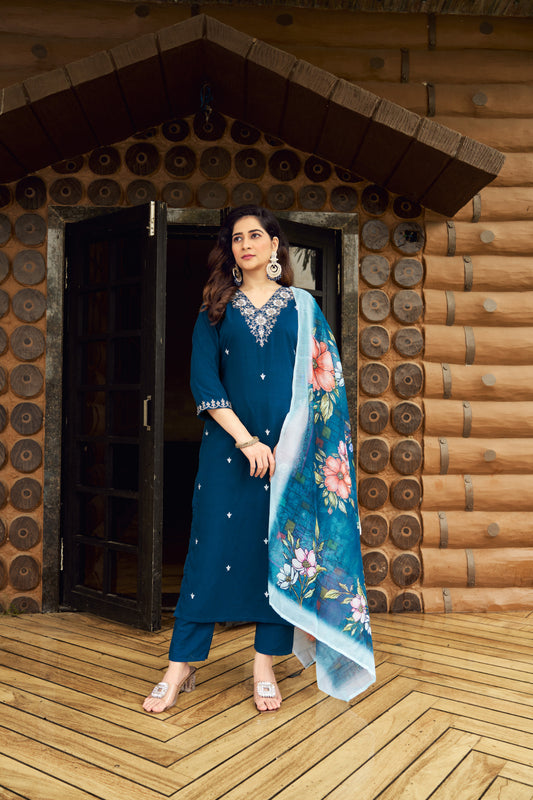 Women's Teal Blue Roman Silk Embroidered Kurta Pant Set with Floral Digital Print Chanderi Silk Dupatta