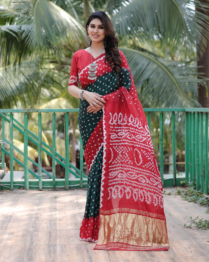 New Premium And High Quality Comfortable Bandhej Silk Drapes That is Super Stylish And Pretty Green And Red Saree