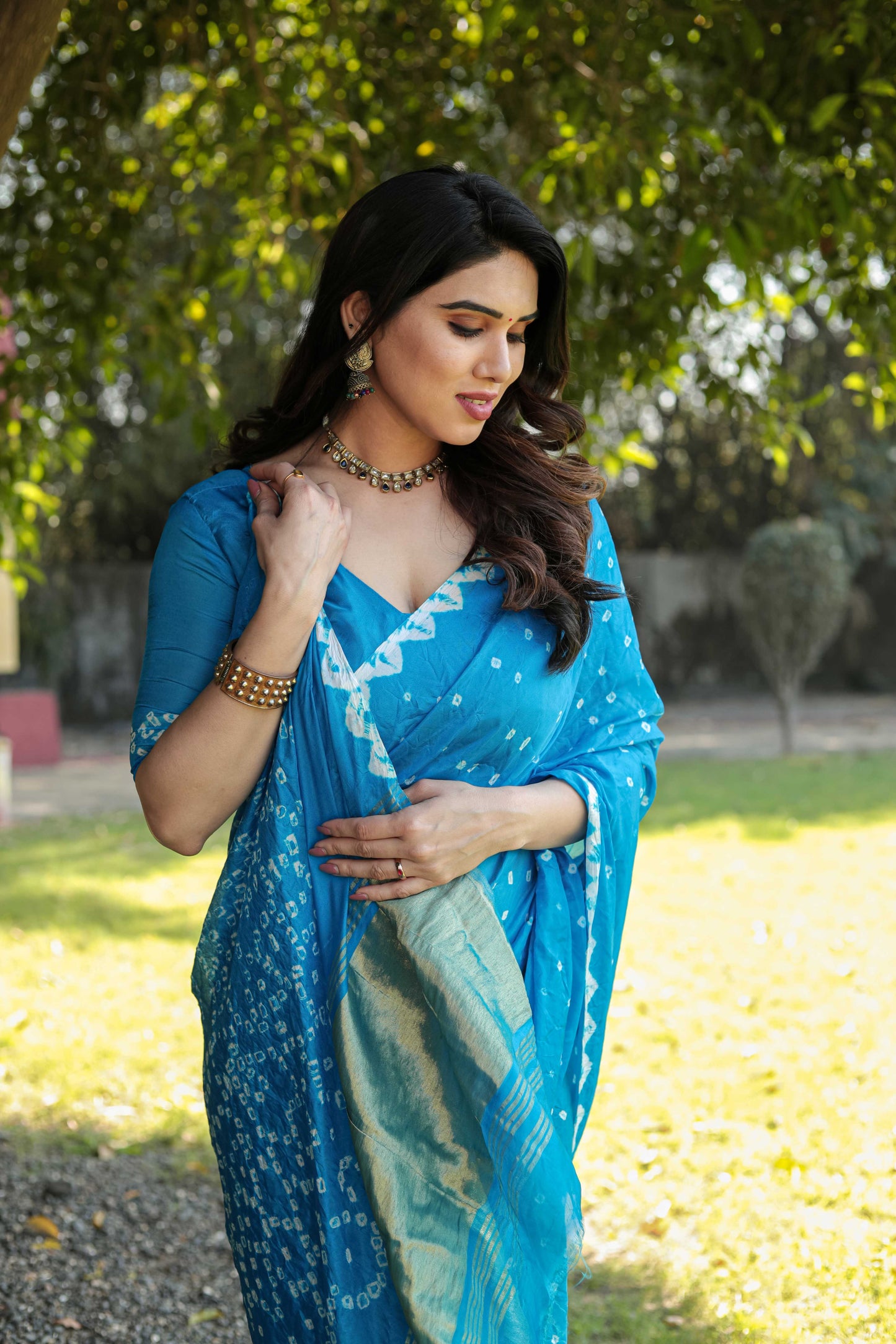 Original Bandhej Sky Blue Color Beautiful Design Saree