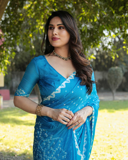 Original Bandhej Sky Blue Color Beautiful Design Saree