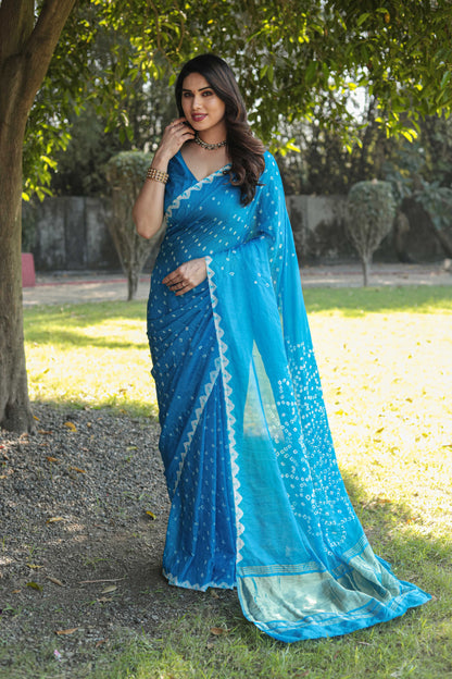 Original Bandhej Sky Blue Color Beautiful Design Saree