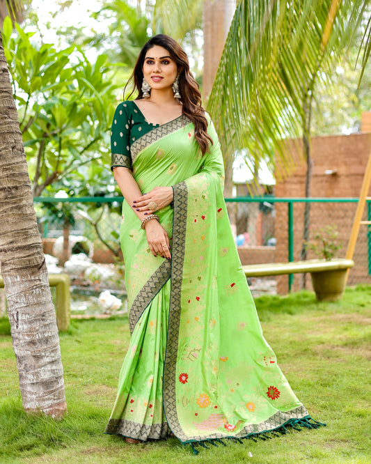 Premium Quality Handpicked & Easy To Drape Dola Silk Green Saree For This Wedding Season