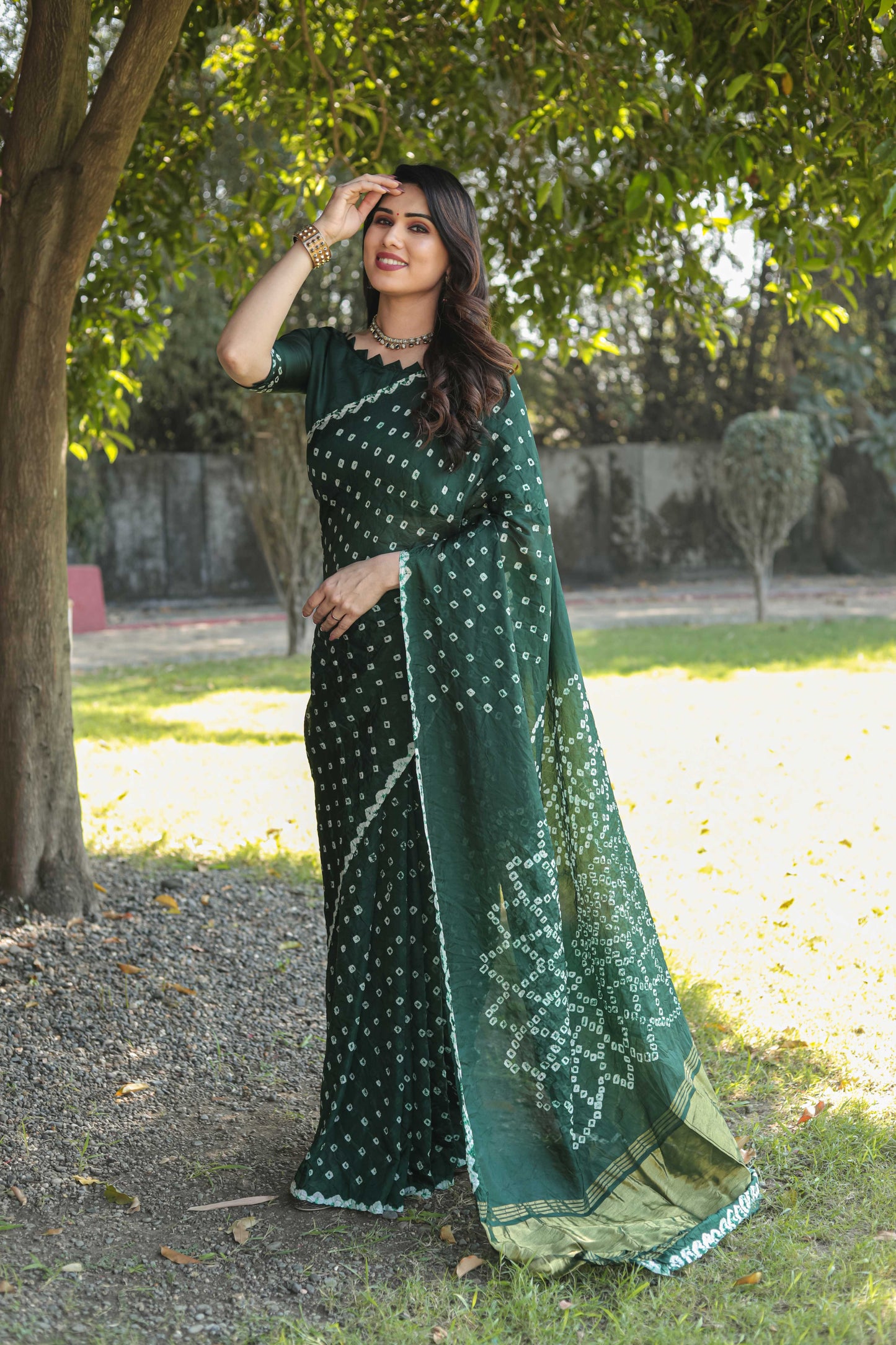 Original Bandhej Green Color Beautiful Design Saree