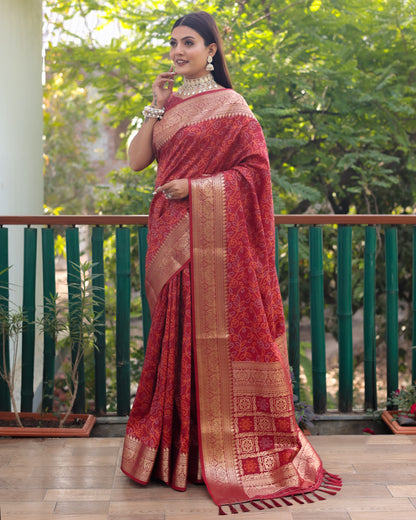 Brick Red Color kanchi Border Rich Pallu Bandhej Saree