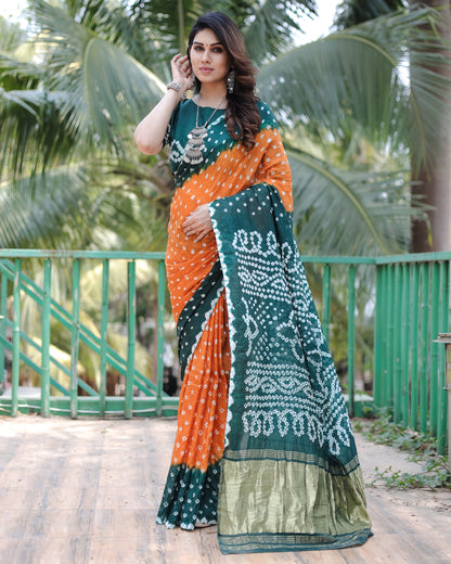 New Premium And High Quality Comfortable Bandhej Silk Drapes That is Super Stylish And Pretty Orange And Green Saree