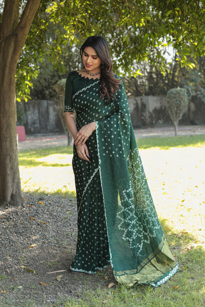 Original Bandhej Green Color Beautiful Design Saree