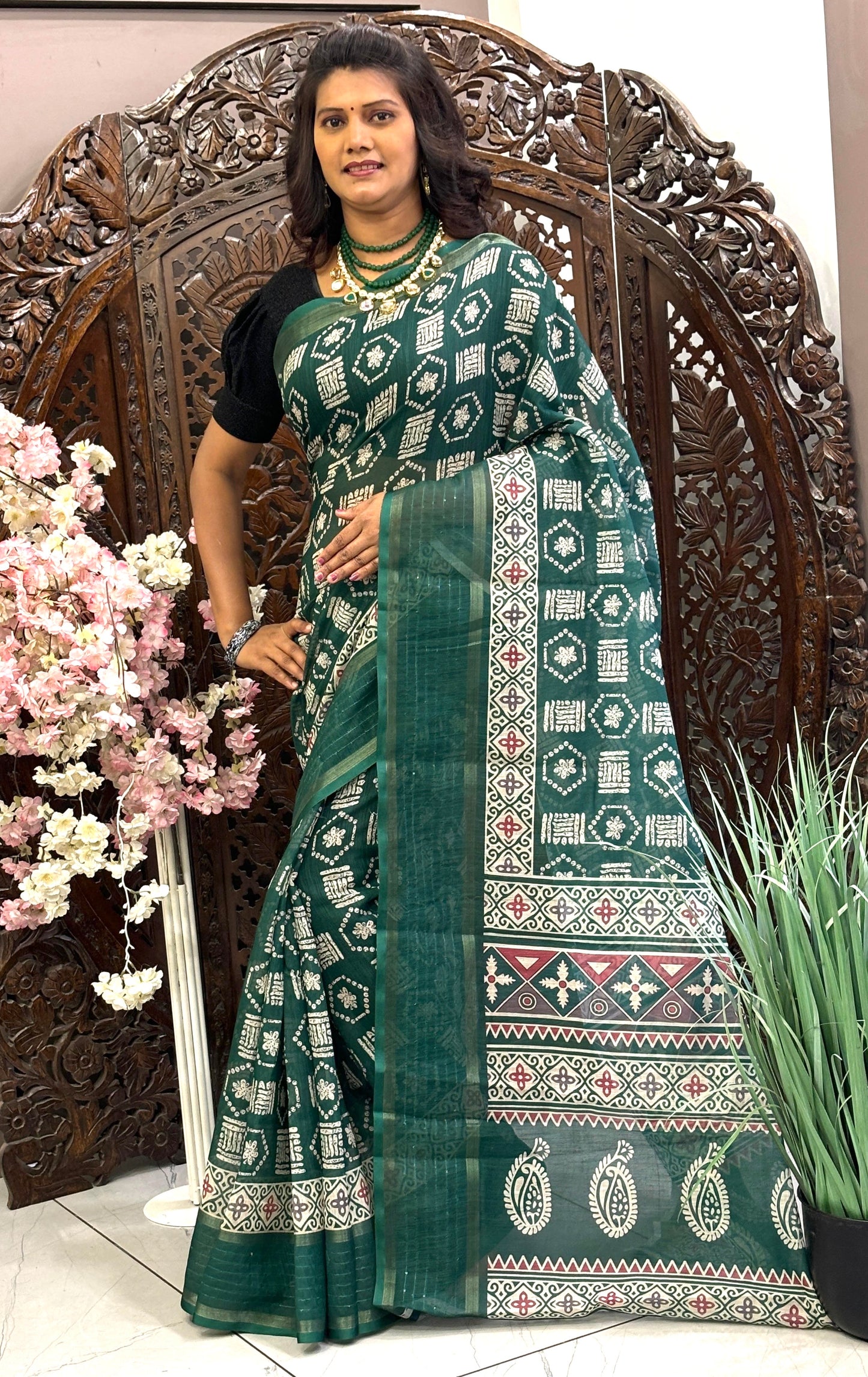 Linen silk sarees with all over Digital Printed design and sequence border