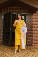Women's Mustard Yellow Roman Silk Embroidered Kurta Pant Set with Digital Print Chanderi Silk Dupatta