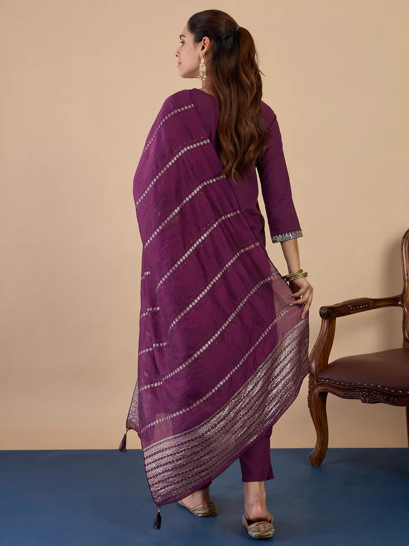 Riva Purple Elegant Embroidered Kurta Pant Set for Women