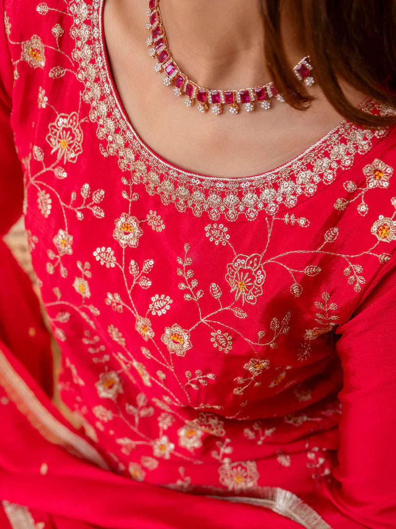 Rani Pink Silk Blend Embroidered with Sequins Straight Kurta Palazzo Dupatta Set