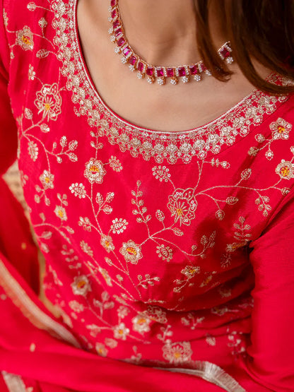 Rani Pink Silk Blend Embroidered with Sequins Straight Kurta Palazzo Dupatta Set