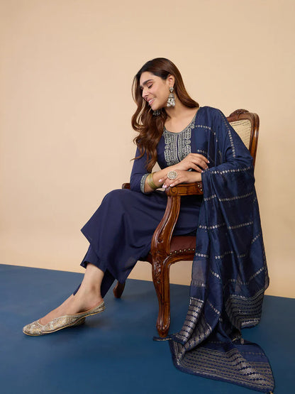 Nyra Navy Blue Women’s Traditional Kurta Pant Set with Dupatta