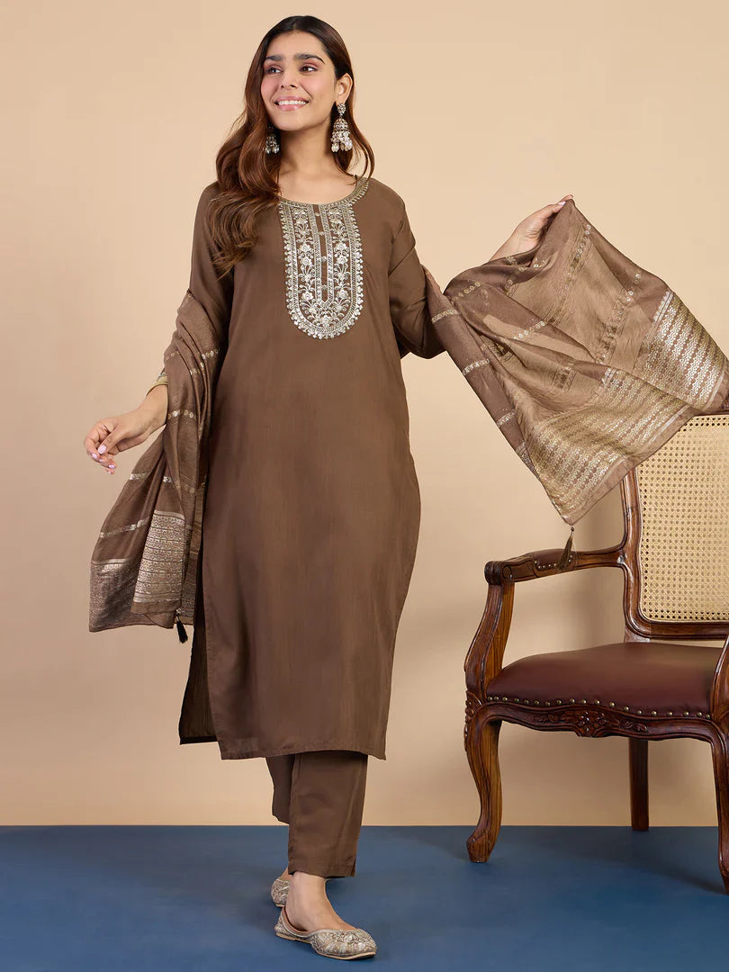 Riva Brown Elegant Embroidered Kurta Pant Set for Women
