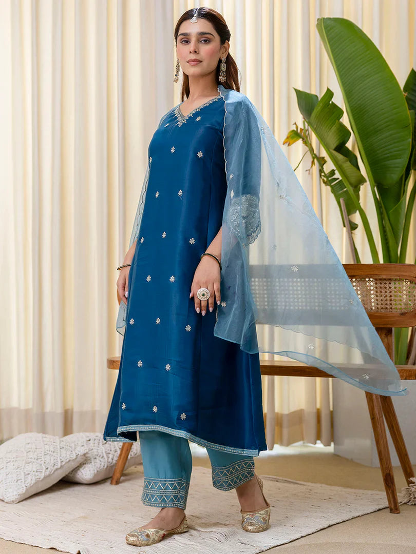 Meher Teal-blue Embroidred Kurta Sets with Sequins Work Women Suits