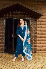 Women's Teal Blue Roman Silk Embroidered Kurta Pant Set with Floral Digital Print Chanderi Silk Dupatta