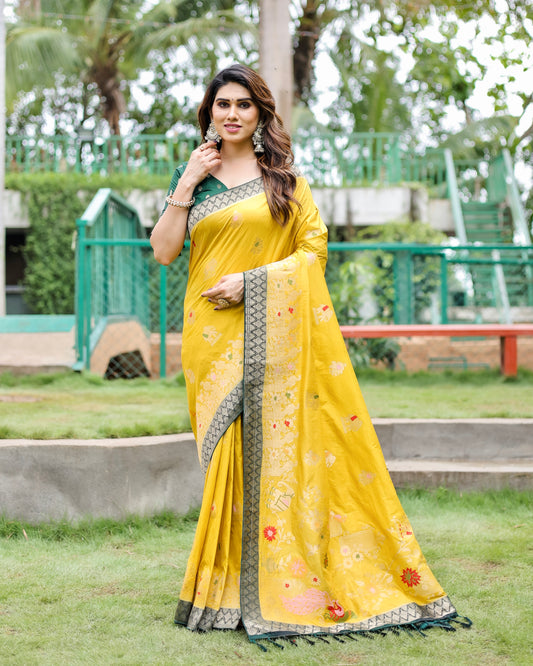Premium Quality Handpicked & Easy To Drape Dola Silk Yellow Saree For This Wedding Season