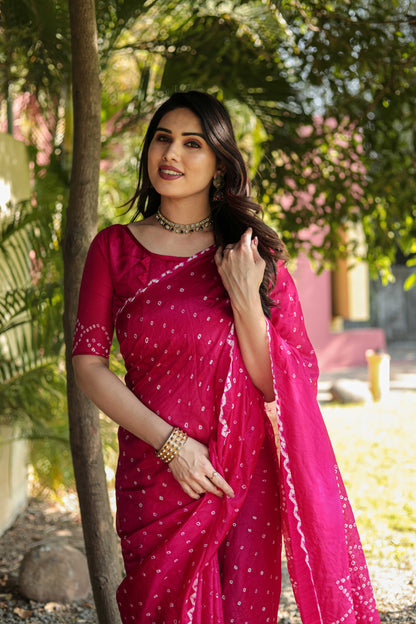 Original Bandhej Pink Color Beautiful Design Saree