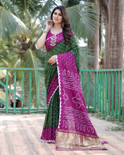 New Premium And High Quality Comfortable Bandhej Silk Drapes That is Super Stylish And Pretty Green And Purple Saree