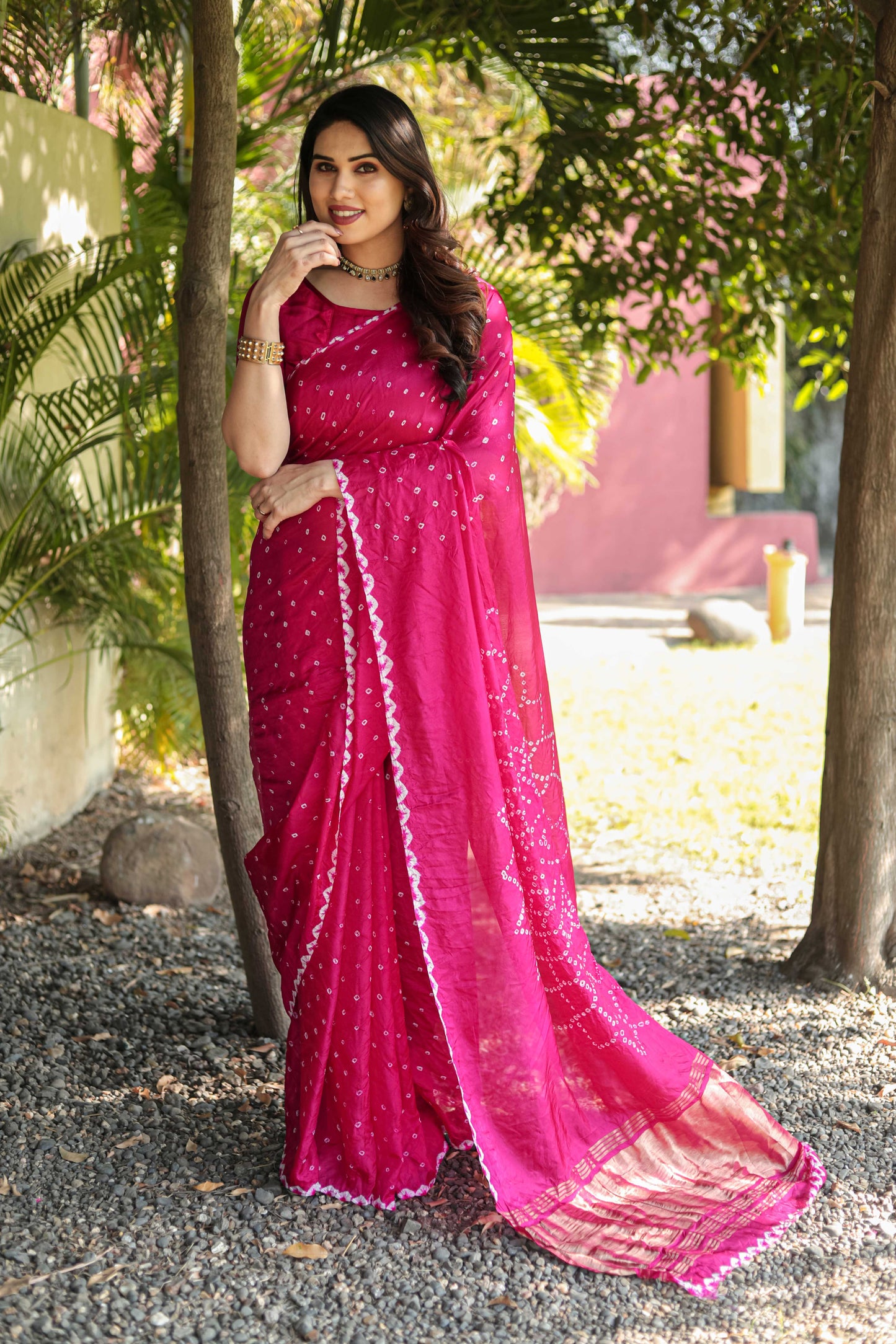 Original Bandhej Pink Color Beautiful Design Saree