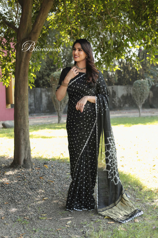 Original Bandhej Black Color Beautiful Design Saree