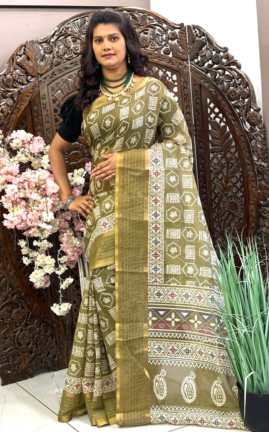 Linen silk sarees with all over Digital Printed design and sequence border