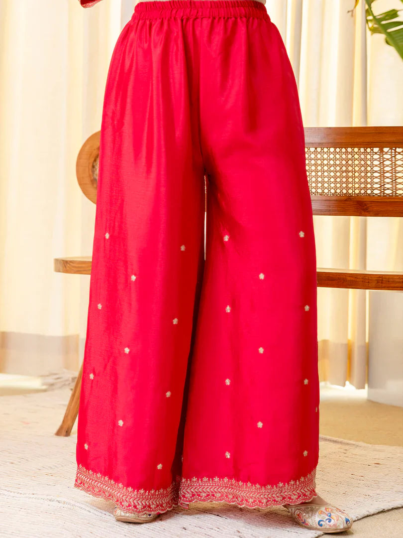 Rani Pink Silk Blend Embroidered with Sequins Straight Kurta Palazzo Dupatta Set