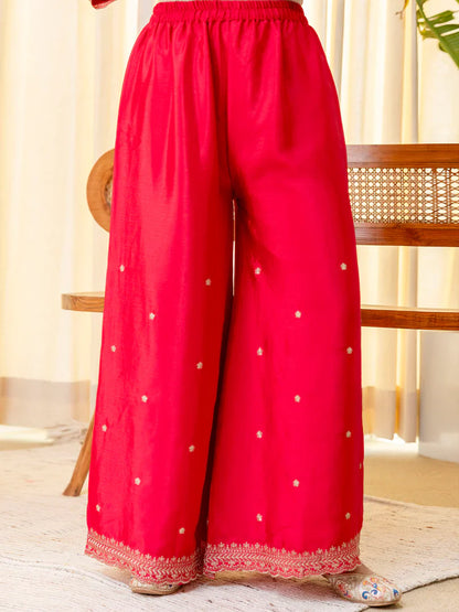 Rani Pink Silk Blend Embroidered with Sequins Straight Kurta Palazzo Dupatta Set