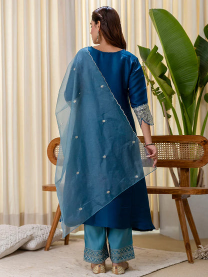 Meher Teal-blue Embroidred Kurta Sets with Sequins Work Women Suits