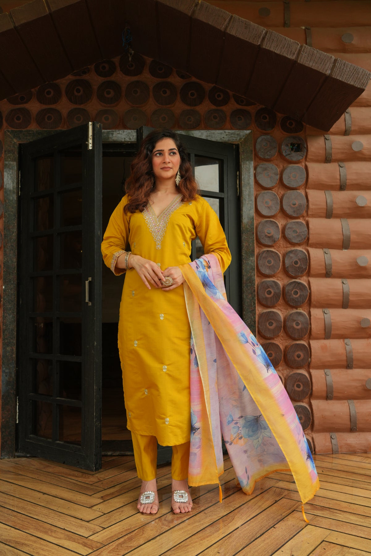 Women's Mustard Yellow Roman Silk Embroidered Kurta Pant Set with Digital Print Chanderi Silk Dupatta