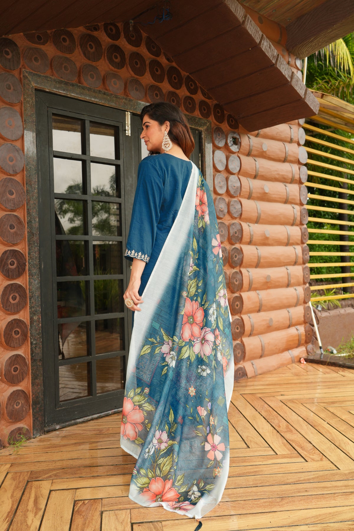 Women's Teal Blue Roman Silk Embroidered Kurta Pant Set with Floral Digital Print Chanderi Silk Dupatta